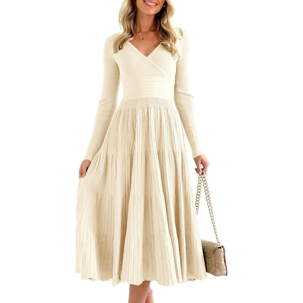 Womens Long Sleeve Midi Sweater Dress Wrap V Neck Pleated A Line Fit Flare Elega